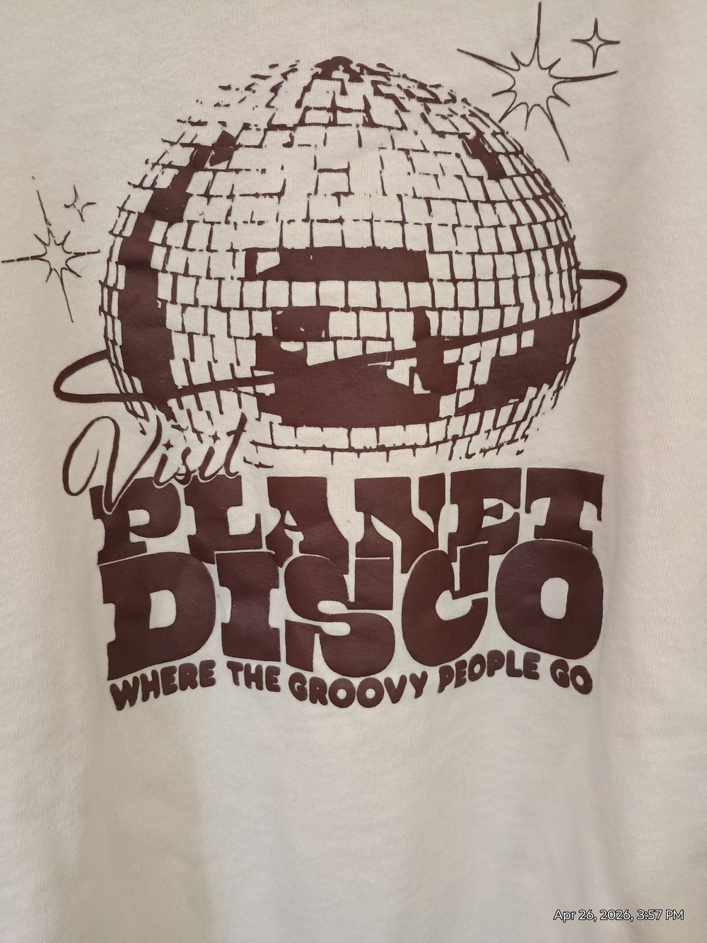 SHEIN Cream Colored Sweatshirt with Brown Planet Disco Graphic